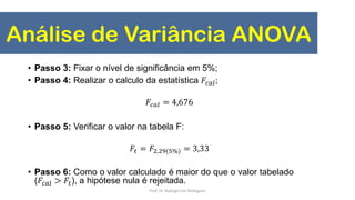 Análise de Variância ANOVA
• Passo 3: Fixar o nível de significância em 5%;
• Passo 4: Realizar o calculo da estatística 𝐹𝑐𝑎𝑙;
𝐹𝑐𝑎𝑙 = 4,676
• Passo 5: Verificar o valor na tabela F:
𝐹𝑡 = 𝐹2,29(5%) = 3,33
• Passo 6: Como o valor calculado é maior do que o valor tabelado
(𝐹𝑐𝑎𝑙 > 𝐹𝑡), a hipótese nula é rejeitada.
Prof. Dr. Rodrigo Lins Rodrigues
 