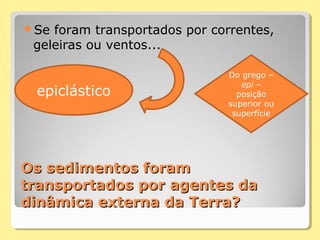 Os sedimentos foramOs sedimentos foram
transportados por agentes datransportados por agentes da
dinâmica externa da Terra?dinâmica externa da Terra?
Se foram transportados por correntes,
geleiras ou ventos...
epiclástico
Do grego –
epi –
posição
superior ou
superfície
 