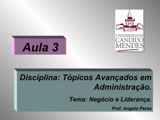 Aula 3

Disciplina: Tópicos Avançados em
                   Administração.
            Tema: Negócio e Liderança.
                         Prof. Angelo Peres
 
