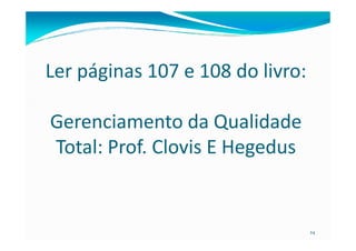 Ler páginas 107 e 108 do livro:
Gerenciamento da Qualidade
24
Gerenciamento da Qualidade
Total: Prof. Clovis E Hegedus
 