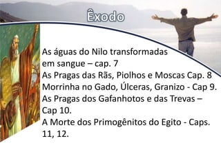 As águas do Nilo transformadas
em sangue – cap. 7
As Pragas das Rãs, Piolhos e Moscas Cap. 8
Morrinha no Gado, Úlceras, Granizo - Cap 9.
As Pragas dos Gafanhotos e das Trevas –
Cap 10.
A Morte dos Primogênitos do Egito - Caps.
11, 12.
 