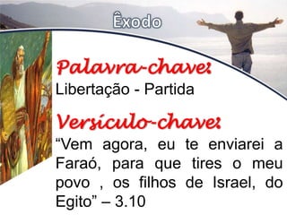 Palavra-chave:
Libertação - Partida
Versículo-chave:
“Vem agora, eu te enviarei a
Faraó, para que tires o meu
povo , os filhos de Israel, do
Egito” – 3.10
 