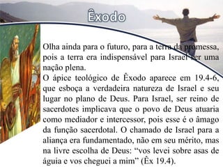 Olha ainda para o futuro, para a terra da promessa,
pois a terra era indispensável para Israel ser uma
nação plena.
O ápice teológico de Êxodo aparece em 19.4-6,
que esboça a verdadeira natureza de Israel e seu
lugar no plano de Deus. Para Israel, ser reino de
sacerdotes implicava que o povo de Deus atuaria
como mediador e intercessor, pois esse é o âmago
da função sacerdotal. O chamado de Israel para a
aliança era fundamentado, não em seu mérito, mas
na livre escolha de Deus: “vos levei sobre asas de
águia e vos cheguei a mim” (Êx 19.4).
 