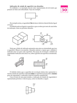 A U L A 
30 
Indicações de estado de superfície nos desenhos 
Os símbolos e as inscrições devem estar representados de tal modo que 
possam ser lidos sem dificuldade. Veja um exemplo. 
No exemplo acima, a rugosidade Ra das faces: inferior e lateral direita é igual 
a 6,3 mm. 
O símbolo pode ser ligado à superfície a que se refere por meio de uma linha 
de indicação, como no próximo desenho. 
Note que a linha de indicação apresenta uma seta na extremidade que toca 
a superfície. Observe novamente o desenho anterior e repare que o símbolo é 
indicado uma vez para cada superfície. Nas peças de revolução o símbolo de 
rugosidade é indicado uma única vez, sobre a geratriz da superfície considerada. 
Veja. 
O símbolo indica que a superfície de revolução inteira deve apresentar o 
mesmo estado de superfície. Quando todas as superfícies da peça têm o mesmo 
grau de rugosidade, a indicação é feita de maneira simplificada. 
Caso se trate de uma peça isolada, a indicação do estado de rugosidade é 
representada próxima à vista da peça, como no desenho a seguir. 
 