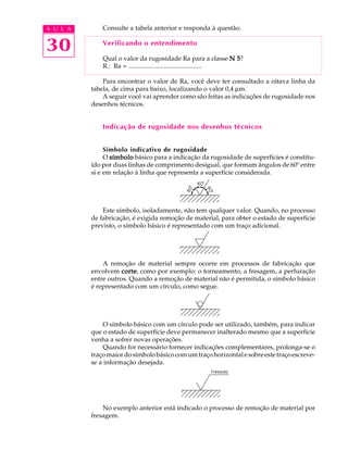 A U L A 
30 
Consulte a tabela anterior e responda à questão. 
Verificando o entendimento 
Qual o valor da rugosidade Ra para a classe N 5? 
R.: Ra = ............................................. 
Para encontrar o valor de Ra, você deve ter consultado a oitava linha da 
tabela, de cima para baixo, localizando o valor 0,4 mm. 
A seguir você vai aprender como são feitas as indicações de rugosidade nos 
desenhos técnicos. 
Indicação de rugosidade nos desenhos técnicos 
Símbolo indicativo de rugosidade 
O símbolo básico para a indicação da rugosidade de superfícies é constitu- 
ído por duas linhas de comprimento desigual, que formam ângulos de 60º entre 
si e em relação à linha que representa a superfície considerada. 
Este símbolo, isoladamente, não tem qualquer valor. Quando, no processo 
de fabricação, é exigida remoção de material, para obter o estado de superfície 
previsto, o símbolo básico é representado com um traço adicional. 
A remoção de material sempre ocorre em processos de fabricação que 
envolvem corte, como por exemplo: o torneamento, a fresagem, a perfuração 
entre outros. Quando a remoção de material não é permitida, o símbolo básico 
é representado com um círculo, como segue. 
O símbolo básico com um círculo pode ser utilizado, também, para indicar 
que o estado de superfície deve permanecer inalterado mesmo que a superfície 
venha a sofrer novas operações. 
Quando for necessário fornecer indicações complementares, prolonga-se o 
traço maior do símbolo básico com um traço horizontal e sobre este traço escreve-se 
a informação desejada. 
No exemplo anterior está indicado o processo de remoção de material por 
fresagem. 
 