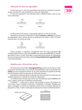 A U L A 
30 
Indicação do valor da rugosidade 
Você já sabe que o valor da rugosidade tanto pode ser expresso numerica-mente, 
em mícrons, como também por classe de rugosidade. 
O valor da rugosidade vem indicado sobre o símbolo básico, com ou sem 
sinais adicionais. 
Fig. A Fig. B 
As duas formas de indicar a rugosidade (figuras A e B) são corretas. 
Quando for necessário estabelecer os limites máximo e mínimo das classes 
de rugosidade, estes valores devem ser indicados um sobre o outro. O limite 
máximo deve vir escrito em cima. 
Nesse exemplo, a superfície considerada deve ter uma rugosidade Ra 
compreendida entre um valor máximo N 9 e um valor mínimo N 7 que é o mesmo 
que entre 6,3 mm e 1,6 mm. Para saber a equivalência das classes de rugosidade 
em mícrons (mm), basta consultar a tabela de Características da rugosidade (Ra), 
vista anteriormente . 
Símbolo para a direção das estrias 
Há uma outra característica microgeométrica que deve ser levada em conta 
no processo de fabricação e na avaliação da rugosidade: trata-se da direção das 
estrias, que são as pequenas linhas ou os sulcos deixados na superfície usinada 
pela ferramenta usada no processo de fabricação da peça. 
Quando for necessário definir a direção das estrias isso deve ser feito por um 
símbolo adicional ao símbolo do estado de rugosidade. 
Os símbolos para direção das estrias são normalizados pela NBR8404/84. 
Veja, a seguir, quais são os símbolos normalizados. 
O símbolo indica que as estrias são paralelas ao plano de projeção da 
vista sobre a qual o símbolo é aplicado. Acompanhe o exemplo. Imagine que 
após a usinagem, as estrias da superfície devem ficar na direção indicada na 
perspectiva. Veja, ao lado, a indicação da direção das estrias no desenho técnico. 
 