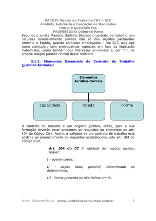PACOTE Direito do Trabalho TRT – RIO
Analista Judiciário e Execução de Mandados
Teoria e Questões FCC
PROFESSORA: Déborah Paiva
Profa. Déborah Paiva www.pontodosconcursos.com.br 3
Segundo o jurista Maurício Godinho Delgado o contrato de trabalho tem
natureza essencialmente privada não só dos sujeitos pactuantes
(mesmo o Estado, quando contratar empregados – via CLT, pois age
como particular, sem prerrogativas especiais em face da legislação
trabalhista), como também dos interesses envolvidos e, por fim, da
própria relação jurídica central desse contrato.
3.1.2. Elementos Essenciais do Contrato de Trabalho
(jurídico-formais):
O contrato de trabalho é um negócio jurídico, então, para a sua
formação deverão estar presentes os requisitos ou elementos do art.
104 do Código Civil. Assim, a validade de um contrato de trabalho está
adstrita ao preenchimento de requisitos estabelecidos pelo art. 104 do
Código Civil.
Art. 104 do CC A validade do negócio jurídico
requer:
I - agente capaz;
II - objeto lícito, possível, determinado ou
determinável;
III - forma prescrita ou não defesa em lei.
Elementos
Jurídico-formais
Capacidade Objeto Forma
 