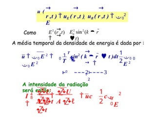 Como
2 2
0
2
E sin (k  r 
t)
E (r ,t)

→
→
A média temporal da densidade de energia é dada por :
0
0
1
2
0
E 2
T
1
T
u  0 E 2

0 E 2

sin2
( k  r   t )dt

–
 0 ––– ––––
 
→
→

1
2
A intensidade da radiação
será então:
2
0
0
1
2
c
E
I    uc

U U
ℓ
A t A ℓ
t
2
u (
→ → →
r ,t )  uE ( r ,t )  uB ( r ,t )  0
E
 
