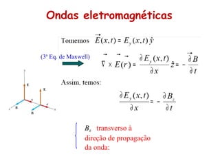 Ondas eletromagnéticas
(3ª Eq. de Maxwell)
Bz transverso à
direção de propagação
da onda:
 