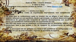 Aulas da Vida — Autores diversos
5- Olhai os lírios
“… Considerai como crescem os lírios do campo…” — Jesus (Mateus, 6:28)
1 “Olhai os lírios do campo…” — exortou-nos Jesus.
2 A lição nos adverte contra as inquietações improdutivas, sem compelir-nos à
ociosidade.
3 Os lírios para se evidenciarem quais se revelam não se afligem e nem ceifam; no
entanto, esforçam-se com paciência, desde a germinação, no próprio desenvolvimento,
abstendo-se de agitações pela conquista de reservas desnecessárias com receio do
futuro, por acreditarem instintivamente nos suprimentos da vida.
4 Não fiam nem tecem para se mostrarem na formosura que os caracteriza; todavia, não
desdenham fazer o que podem, a fim de cooperar no enriquecimento do esforço
humano.
5 Não se preocupam em ser gerânios ou cravos e sim aceitam-se na configuração e na
essência de que se viram formados, segundo os princípios da espécie.
6.
 