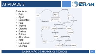 ELABORAÇÃO DE RELATÓRIOS TÉCNICOS 20
ATIVIDADE 3
Relacionar:
• Solo
• Água
• Nutrientes
• Raiz
• Tronco
• Clorofila
• Galhos
• Folhas
• Atmosfera
• CO2
• Luz do sol
• Energia
 