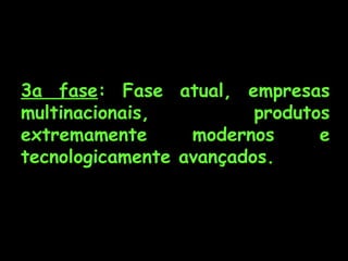 3a fase: Fase atual, empresas
multinacionais,
produtos
extremamente
modernos
e
tecnologicamente avançados.

 