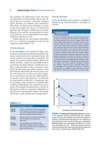 8	 Epidemiologia clínica: elementos essenciais
tam conduzir um experimento como seria feito
em laboratório, as coisas tendem a dar errado. Al-
gumas pessoas se recusam a participar, enquanto
outras desistem ou escolhem outro tratamento.
Além disso, os clínicos estão inclinados a acredi-
tar que suas terapias têm sucesso. (A maioria dos
pacientes não iria querer médicos que pensassem
diferente.) Essa atitude, tão importante na práti-
ca da medicina, torna as observações clínicas espe-
cialmente vulneráveis ao viés.
Embora dezenas de vieses tenham sido defini-
dos (11), a maioria se enquadra em uma de três
categorias amplas (Tabela 1.4).
Viés de seleção
O viés de seleção ocorre quando são feitas com-
parações entre grupos de pacientes que diferem de
outras maneiras que não os principais fatores sob
estudo, maneiras essas que afetam o desfecho. Os
grupos de pacientes frequentemente diferem de
muitas maneiras – idade, sexo, gravidade da doen-
ça, presença de outras doenças, cuidado que rece-
bem e assim por diante. Caso se compare a expe-
riência de dois grupos que diferem quanto a uma
determinada característica de interesse (por exem-
plo, um tratamento ou uma causa que se suspei-
te ser a da doença), mas que são também diferen-
tes quanto a essas outras maneiras, e as diferenças
são relacionadas ao desfecho, a comparação esta-
rá enviesada e pouco poderá ser concluído sobre
os efeitos independentes das características de in-
teresse. No exemplo da herniorrafia, o viés de se-
leção teria ocorrido se os pacientes submetidos ao
procedimento laparoscópico fossem mais saudá-
veis do que os que sofreram uma cirurgia aberta.
Viés de aferição
O viés de aferição ocorre quando os métodos de
aferição levam sistematicamente a resultados in-
corretos.
EXEMPLO
Os níveis da pressão arterial são preditores poderosos
de doença cardiovascular. No entanto, múltiplos estu-
dos demonstraram que medir a pressão arterial não
é tão simples quanto parece (12). Para aferi-la corre-
tamente, deve-se utilizar um tamanho de manguito
maior para adultos acima do peso e obesos, posicio-
nar o paciente de forma que o braço fique abaixo do
nível do átrio direito e que ele não tenha que man-
ter o braço elevado, fazer a aferição em um ambien-
te calmo e repeti-la várias vezes. Se qualquer desses
procedimentos não for feito de modo correto, as afe-
rições provavelmente estarão incorretas e sistemati-
camente elevadas. Um outro fator que leva a leituras
de pressão arterial sistematicamente elevadas, algu-
mas vezes chamadas de “hipertensão do jaleco bran-
co” (Figura 1.3), ocorre quando a pressão é aferida
por médicos, sugerindo que a consulta médica cau-
se ansiedade nos pacientes. No entanto, os clínicos
que esvaziam o manguito mais rápido que 2-3 mm/
seg irão provavelmente subestimar a pressão sistóli-
FIGURA 1.3 Hipertensão do jaleco branco. Aumen-
to na pressão sistólica, determinado por monito-
ração contínua da pressão intra-arterial, quando a
pressão é aferida manualmente por um médico ou
por enfermeiro sem vínculo prévio com o paciente.
(Redesenhada com permissão de Mancia G. Para-
ti G, Pomidossi G, et al. “Alerting reaction and rise
in blood pressure during measurement by physician
and nurse.” Hypertension 1987;9:209-215.)
Duração da consulta (minutos)
Aumentonapressãosistólica(mmHg)
Médico
30
20
10
0
0 5 10
EnfermeiroTABELA 1.4
Viés em observações clínicas
Viés de	 Ocorre quando são feitas comparações
seleção	 entre grupos de pacientes que diferem
	 em outros determinantes de desfecho,
	 além do que está sendo estudado.
Viés de	 Ocorre quando os métodos de aferição
aferição	 são diferentes entre grupos de
	pacientes.
Viés de	 Ocorre quando dois fatores estão
confusão	 associados (andam juntos) e o efeito
	 de um se confunde com ou é distorcido
	 pelo efeito do outro.
 