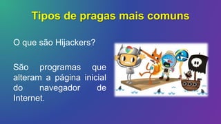 Tipos de pragas mais comuns
O que são Hijackers?
São programas que
alteram a página inicial
do navegador de
Internet.
 