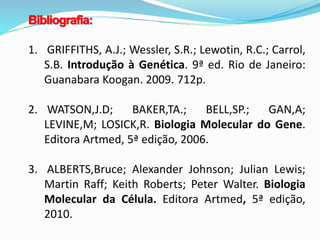 1. GRIFFITHS, A.J.; Wessler, S.R.; Lewotin, R.C.; Carrol,
S.B. Introdução à Genética. 9ª ed. Rio de Janeiro:
Guanabara Koogan. 2009. 712p.
2. WATSON,J.D; BAKER,TA.; BELL,SP.; GAN,A;
LEVINE,M; LOSICK,R. Biologia Molecular do Gene.
Editora Artmed, 5ª edição, 2006.
3. ALBERTS,Bruce; Alexander Johnson; Julian Lewis;
Martin Raff; Keith Roberts; Peter Walter. Biologia
Molecular da Célula. Editora Artmed, 5ª edição,
2010.
 