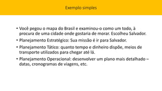Exemplo simples
• Você pegou o mapa do Brasil e examinou-o como um todo, à
procura de uma cidade onde gostaria de morar. Escolheu Salvador.
• Planejamento Estratégico: Sua missão é ir para Salvador.
• Planejamento Tático: quanto tempo e dinheiro dispõe, meios de
transporte utilizados para chegar até lá.
• Planejamento Operacional: desenvolver um plano mais detalhado –
datas, cronogramas de viagens, etc.
 