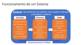 61
Funcionamento de um Sistema
Forças/insumos
que fornecem ao
sistema o
material,
a energia e a
informação
para o processo
Transforma
insumo
em um
produto/serviço
(saída).
Aqui os
componentes do
sistema
interagem
Resultado
produzido
pelo sistema.
Deve
estar em sintonia
com os
objetivos pré-
estabelecidos.
Retroalimentação/Feedback
Ambiente: não pertencem ao sistema, mas qualquer alteração
pode afetar o sistema
Entradas Processo Saída
 