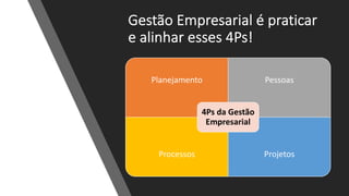 Gestão Empresarial é praticar
e alinhar esses 4Ps!
Planejamento Pessoas
Processos Projetos
4Ps da Gestão
Empresarial
 