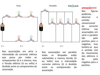 ATENÇÃO!!!!!!
Nas figuras
podemos
observar o
sentido
convencional
da corrente
elétrica nas
associações em
série e paralelo
(do polo
positivo para o
negativo, mas
lembre-se que
o sentido real
do movimento
dos elétrons é
do polo
negativo para o
positivo.
Nas associações em série a
intensidade da corrente elétrica
que passa por todos os
componentes (I) é a mesma, mas
a Tensão elétrica (U ou volts) é
dividida entre os componentes da
associação
Nas associações em paralelo
todas as lâmpadas estão
submetidas a mesma tensão (U
ou Volts) mas a intensidade
corrente elétrica (I) é dividida
entre os componentes da
associação.
 