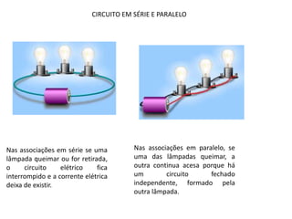 Nas associações em série se uma
lâmpada queimar ou for retirada,
o circuito elétrico fica
interrompido e a corrente elétrica
deixa de existir.
Nas associações em paralelo, se
uma das lâmpadas queimar, a
outra continua acesa porque há
um circuito fechado
independente, formado pela
outra lâmpada.
CIRCUITO EM SÉRIE E PARALELO
 