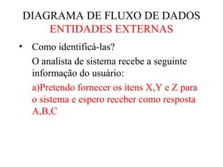 DIAGRAMA DE FLUXO DE DADOS
ENTIDADES EXTERNAS
• Como identificá-las?
O analista de sistema recebe a seguinte
informação do usuário:
a)Pretendo fornecer os itens X,Y e Z para
o sistema e espero receber como resposta
A,B,C
 