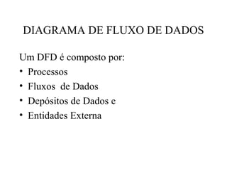 Um DFD é composto por:
• Processos
• Fluxos de Dados
• Depósitos de Dados e
• Entidades Externa
DIAGRAMA DE FLUXO DE DADOS
 