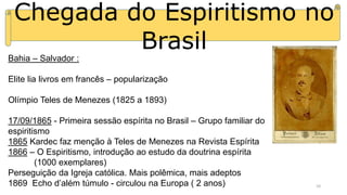 Chegada do Espiritismo no
Brasil
Bahia – Salvador :
Elite lia livros em francês – popularização
Olímpio Teles de Menezes (1825 a 1893)
17/09/1865 - Primeira sessão espírita no Brasil – Grupo familiar do
espiritismo
1865 Kardec faz menção à Teles de Menezes na Revista Espírita
1866 – O Espiritismo, introdução ao estudo da doutrina espírita
(1000 exemplares)
Perseguição da Igreja católica. Mais polêmica, mais adeptos
1869 Echo d’além túmulo - circulou na Europa ( 2 anos) 10
 