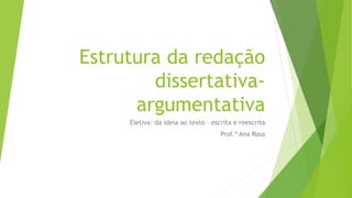 Estrutura da redação
dissertativa-
argumentativa
Eletiva: da ideia ao texto – escrita e reescrita
Prof.ª Ana Rosa
 