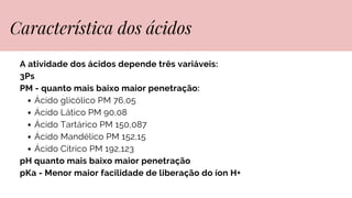 A atividade dos ácidos depende três variáveis:
3Ps
PM - quanto mais baixo maior penetração:
Ácido glicólico PM 76,05
Ácido Lático PM 90,08
Ácido Tartárico PM 150,087
Ácido Mandélico PM 152,15
Ácido Cítrico PM 192,123
pH quanto mais baixo maior penetração
pKa - Menor maior facilidade de liberação do íon H+
Característica dos ácidos
 
