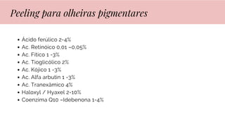 Ácido ferúlico 2-4%
Ac. Retinóico 0,01 –0,05%
Ac. Fítico 1 -3%
Ac. Tioglicólico 2%
Ac. Kójico 1 -3%
Ac. Alfa arbutin 1 -3%
Ac. Tranexâmico 4%
Haloxyl / Hyaxel 2-10%
Coenzima Q10 –Idebenona 1-4%
Peeling para olheiras pigmentares
 