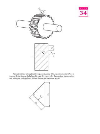 A U L A


                                                                                     34




   Para identificar a relação entre o passo normal (Pn), o passo circular (Pc) e o
ângulo de inclinação da hélice (b), você deve proceder da seguinte forma: retire
um triângulo retângulo da última ilustração, conforme segue.
 