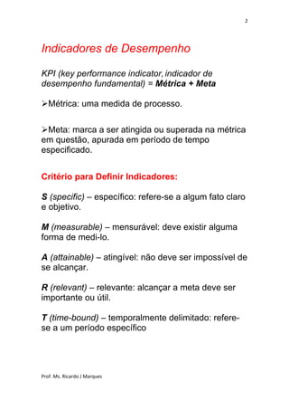 2




Indicadores de Desempenho

KPI (key performance indicator, indicador de
desempenho fundamental) = Métrica + Meta

Métrica: uma medida de processo.

Meta: marca a ser atingida ou superada na métrica
em questão, apurada em período de tempo
especificado.


Critério para Definir Indicadores:

S (specific) – específico: refere-se a algum fato claro
e objetivo.

M (measurable) – mensurável: deve existir alguma
forma de medi-lo.

A (attainable) – atingível: não deve ser impossível de
se alcançar.

R (relevant) – relevante: alcançar a meta deve ser
importante ou útil.

T (time-bound) – temporalmente delimitado: refere-
se a um período específico




Prof. Ms. Ricardo J Marques
 
