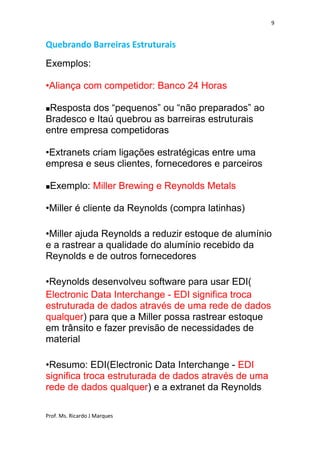 9


Quebrando Barreiras Estruturais
Exemplos:

•Aliança com competidor: Banco 24 Horas

Resposta dos “pequenos” ou “não preparados” ao
Bradesco e Itaú quebrou as barreiras estruturais
entre empresa competidoras

•Extranets criam ligações estratégicas entre uma
empresa e seus clientes, fornecedores e parceiros

   Exemplo: Miller Brewing e Reynolds Metals

•Miller é cliente da Reynolds (compra latinhas)

•Miller ajuda Reynolds a reduzir estoque de alumínio
e a rastrear a qualidade do alumínio recebido da
Reynolds e de outros fornecedores

•Reynolds desenvolveu software para usar EDI(
Electronic Data Interchange - EDI significa troca
estruturada de dados através de uma rede de dados
qualquer) para que a Miller possa rastrear estoque
em trânsito e fazer previsão de necessidades de
material

•Resumo: EDI(Electronic Data Interchange - EDI
significa troca estruturada de dados através de uma
rede de dados qualquer) e a extranet da Reynolds

Prof. Ms. Ricardo J Marques
 
