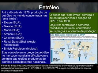 Até a 2º Guerra Mundial, a produção de petróleo estava restrita aos
EUA, URSS e Venezuela. O aumento de sua importância na
economia e na produção mundial fez com que crescessem o número
de países produtores.
Petróleo
Anos de 1960: Oriente Médio (Arábia Saudita, Irã, Iraque e Kwait)
desponta como a maior região exportadora de petróleo.
● Grandes reservas petrolíferas possibilitam baixo custo de
produção e preços competitivos no mercado petrolífero
internacional;
● A economia urbano industrial frágil desses países faz com que a
demanda interna por petróleo seja fraca, permitindo a venda
quase total da produção de petróleo para o mercado externo.
Anos de 1960: Oriente Médio (Arábia Saudita, Irã, Iraque e Kwait)
desponta como a maior região exportadora de petróleo.
Aumento da importância do petróleo no mundo e a concentração do
recurso no Oriente Médio transformaram a região em uma das
áreas mais estratégicas do mundo.
Até a década de 1970: produção de
petróleo no mundo concentrada nas
“sete irmãs”:
● Exxon (EUA);
● Texaco (EUA);
● Mobil (EUA);
● Amoco (EUA);
● Chevron (EUA);
● Royal Dutch/Shell (Anglo-
holandesa);
● British Petroleum (Inglesa).
Elas controlavam o preço do petróleo
no mercado mundial e dificultavam o
controle das regiões produtoras de
petróleo pelos governos nacionais.
O poder das “sete irmãs” começa a
se enfraquecer com a criação da
OPEP, em 1960.
Objetivo: centralizar o comércio
mundial de petróleo, controlando
seus preços e o volume da produção.
Fonte do mapa: http://www.hidrocarburosbolivia.com/noticias-archivadas/292-panoramaglobal-
archivado/panoramaglobal-01-07-2010-01-01-2011/35777-la-opep-cumplio-50-anos-con-su-
influencia-intacta.html
 