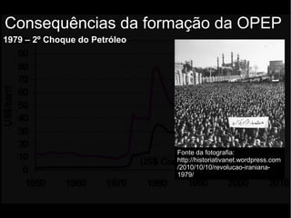 1979 – 2º Choque do Petróleo
Consequências da formação da OPEP
Fonte da fotografia:
http://historiativanet.wordpress.com
/2010/10/10/revolucao-iraniana-
1979/
 