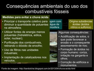 Consequências ambientais do uso dos
combustíveis fósseis
Chuvas ácidas:
Fonte da imagem: http://bardotchai.blogspot.com.br/2013/04/chuva-acida.html
Queima de
combustíveis
fósseis
Liberação
de
poluentes
Reagem com
a água da
atmosfera
Origina substâncias
ácidas (ácidos
nítrico e sulfúrico)
Algumas consequências:
● Acidificação de solos, o
que pode favorecer a
erosão e o consequente
assoreamento de rios;
● Formação de ácidos no
corpo humano: coriza,
irritação na garganta e
olhos;
● Corroção de edifícios e
monumentos.
Medidas para evitar a chuva ácida
● Priorizar o transporte coletivo para
diminuir a quantidade de poluentes
na atmosfera;
● Utilizar fontes de energia menos
poluentes (hidrelétrica, eólica,
solar, nuclear);
● Purificação dos combustíveis,
retirando o dióxido de enxofre;
● Uso de filtros nas unidades
industriais;
● Implantação de catalizadores nos
veículos.
 