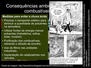 Consequências ambientais do uso dos
combustíveis fósseis
Chuvas ácidas:
Fonte da imagem: http://bardotchai.blogspot.com.br/2013/04/chuva-acida.html
Queima de
combustíveis
fósseis
Liberação
de
poluentes
Reagem com
a água da
atmosfera
Origina substâncias
ácidas (ácidos
nítrico e sulfúrico)
Algumas consequências:
● Acidificação de solos, o
que pode favorecer a
erosão e o consequente
assoreamento de rios;
● Formação de ácidos no
corpo humano: coriza,
irritação na garganta e
olhos;
● Corroção de edifícios e
monumentos.
Medidas para evitar a chuva ácida
● Priorizar o transporte coletivo para
diminuir a quantidade de poluentes
na atmosfera;
● Utilizar fontes de energia menos
poluentes (hidrelétrica, eólica,
solar, nuclear);
● Purificação dos combustíveis,
retirando o dióxido de enxofre;
● Uso de filtros nas unidades
industriais;
● Implantação de catalizadores nos
veículos.
Fontes:http://geografianovest.blogspot.com.br/2012/06/chuva-acida-
em-charges.html/
http://www.eciencia.usp.br/arquivoEC/exp_antigas/igepeq.html
 