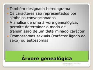 Árvore genealógica
 Também designada heredograma
 Os caracteres são representados por
símbolos convencionados
 A análise de uma árvore genealógica,
permite determinar o modo de
transmissão de um determinado carácter
 Cromossomas sexuais (carácter ligado ao
sexo) ou autossomas
Magda Charrua 2011/2012
Biologia 12º ano 4
 