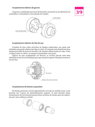 Acoplamento elástico de garras                                                A U L A

    As garras, constituídas por tocos de borracha, encaixam-se nas aberturas do
contradisco e transmitem o movimento de rotação.                                  39
                                                              contra disco




        toco de borracha




    Acoplamento elástico de fita de aço

    Consiste de dois cubos providos de flanges ranhuradas, nos quais está
montada uma grade elástica que liga os cubos. O conjunto está alojado em duas
tampas providas de junta de encosto e de retentor elástico junto ao cubo. Todo
o espaço entre os cabos e as tampas é preenchido com graxa.
    Apesar de esse acoplamento ser flexível, as árvores devem estar bem
alinhadas no ato de sua instalação para que não provoquem vibrações excessivas
em serviço.




                                                fita de aço




                                          tampas com junta de encosto




    Acoplamento de dentes arqueados

    Os dentes possuem a forma ligeiramente curvada no sentido axial, o que
permite até 3 graus de desalinhamento angular. O anel dentado (peça
transmissora do movimento) possui duas carreiras de dentes que são separa-
das por uma saliência central.
 