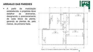 ARRANJO DAS PAREDES
▪ A partir da modulação
estabelecida, o projetista deve
detalhar as alvenarias,
designando o posicionamento
de cada bloco da planta,
gerando as plantas de, pelo
menos, da primeira fiada.
 