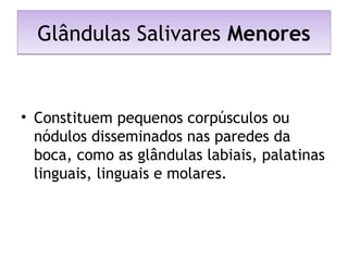 Glândulas Salivares MenoresGlândulas Salivares Menores
• Constituem pequenos corpúsculos ou
nódulos disseminados nas paredes da
boca, como as glândulas labiais, palatinas
linguais, linguais e molares.
 