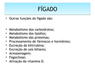 FÍGADOFÍGADO
• Outras funções do fígado são:
• Metabolismo dos carboidratos;
• Metabolismo dos lipídios;
• Metabolismo das proteínas;
• Processamento de fármacos e hormônios;
• Excreção da bilirrubina;
• Excreção de sais biliares;
• Armazenagem;
• Fagocitose;
• Ativação da vitamina D.
 