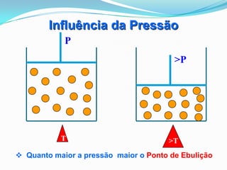 Influência da Pressão
            P
                                        >P




           T                          >T
 Quanto maior a pressão maior o Ponto de Ebulição
 