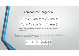 ComponenteTangencial.
Onde: força horizontal (cortante) Fh é a força vertical
(impulsora) Fv
 Se as componentes da força cortante são conhecidas, então o coeficiente de
atrito na face da ferramenta é dado por:
 