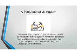 Um grande avanço nesse período foi a transformação
do movimento de translação em movimento de rotação
(com sentido de rotação invertido a cada ciclo). Este
princípio foi aplicado em um dispositivo denominado
Furação de Corda Puxada
A Evolução da Usinagem
14
 