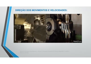 Teoria da Usinagem dos Materiais – Álisson R. Machado, Alexandre M. Abrão, ReginaldoT. Coelho e
Márcio B. da Silva
DIREÇÃO DOS MOVIMENTOS E VELOCIDADES:
• Direção de corte: direção instantânea do movimento de corte:
• Direção de avanço: direção instantânea do movimento de avanço;
• Direção efetiva do movimento de corte;
• Velocidade de corte (vc): velocidade instantânea do ponto de
referência da aresta cortante da ferramenta, segundo a direção e
sentido de corte;
• Velocidade de avanço;
• Velocidade efetiva de corte.
 