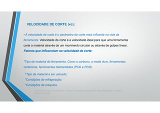 Teoria da Usinagem dos Materiais – Álisson R. Machado, Alexandre M. Abrão, ReginaldoT. Coelho e
Márcio B. da Silva
VELOCIDADE DE CORTE (vc):
• A velocidade de corte é o parâmetro de corte mais influente na vida da
ferramenta. Velocidade de corte é a velocidade ideal para que uma ferramenta
corte o material através de um movimento circular ou através de golpes linear.
Fatores que influenciam na velocidade de corte:
*Tipo de material da ferramenta. Como o carbono, o metal duro, ferramentas
cerâmicas, ferramentas diamantadas (PCD e PCB);
*Tipo de material a ser usinado;
*Condições de refrigeração;
*Condições da máquina.
 