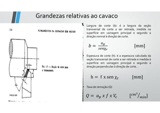 Grandezas relativas ao cavaco
• Largura de corte (b): é a largura da seção
transversal de corte a ser retirada, medida na
superfície em usinagem principal e segundo a
direção normal à direção de corte.
	 [mm]
• Espessura de corte (h): é a espessura calculada da
seção transversal de corte a ser retirada e medida à
superfície em usinagem principal e segundo a
direção perpendicular à direção de corte. .
h 	f		x sen χ [mm]
• Taxa de remoção (Q)
	 	 	 	 	 [ ]
 