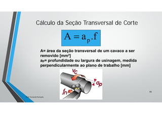 Cálculo da Seção Transversal de Corte
A= área da seção transversal de um cavaco a ser
removido [mm²]
ap= profundidade ou largura de usinagem, medida
perpendicularmente ao plano de trabalho [mm]
.faΑ p
50
Prof. Fernando Penteado.
 