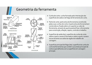  Cunha de corte: cunha formada pela intersecção das
superfícies de saída e de folga da ferramenta de corte.
 Parte de corte: parte ativa da ferramenta constituída
pelas suas cunhas de corte.A parte ativa da ferramenta é
construída ou fixada sobre um suporte ou cabo da
ferramenta, através do qual é possível fixar a ferramenta
para construção, afiação, reparo, controle e trabalho.
 Superfície de saída (Aγ): superfície da cunha de corte
sobre a qual o cavaco é formado e sobre a qual o cavaco
escoa durante sua saída da região do trabalho de
usinagem.
 Superfície principal de folga (Aα): superfície da cunha de
corte da ferramenta que contém sua aresta principal de
corte e que defronta com a superfície em usinagem
principal.
Geometria da ferramenta
 
